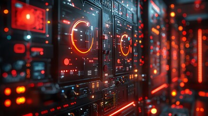 Futuristic server room with glowing red lights and advanced technology panels, representing modern data center and digital infrastructure.