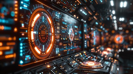 Obraz premium Futuristic spaceship control panel with glowing holographic displays, high-tech interface for science fiction themed projects.