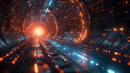 Fototapeta premium Futuristic tunnel with glowing neon lights and high-tech design, giving a sense of advanced technology and sci-fi atmosphere.