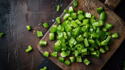 Green bell peppers diced on wooden cutting board view from above