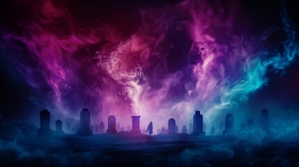 Obraz premium A vibrant cosmic landscape with neon clouds and silhouette figures, creating a surreal and mystical atmosphere.