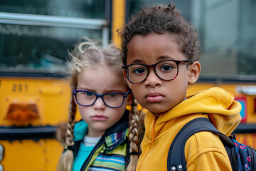 
Close up portrait of two sad kids, cute little african american boy and white girl with glasses near school bus, back to School concept