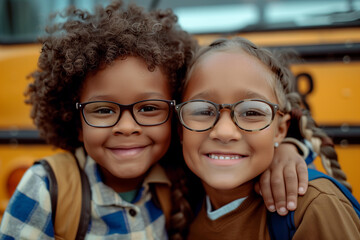 Close up portrait of two smiling kids, cute little african american boy and  girl with glasses near school bus, back to School concept