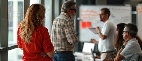 Obraz premium Business Team Collaborating in Modern Office with Glass Walls and Whiteboard for Creative Brainstorming Session