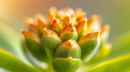 Close-up of a succulent plant with orange and green buds.