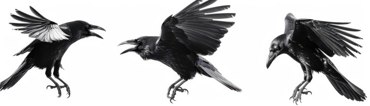 Three black crows in flight with wings spread.