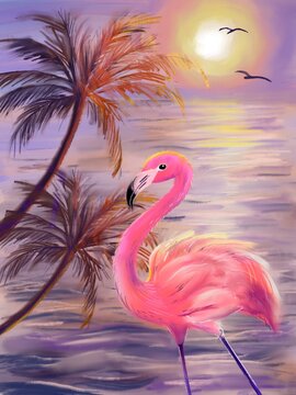 Bright pink flamingo bird with palm trees near the sea on a sunset background. Hand drawn marine tropical landscape.