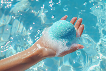 product photography, a azur water background, a close up of a woman's hand holding a bright blue azur colored round shaped puffy bath bomb in the palm with foam and bubbles around it, floating 