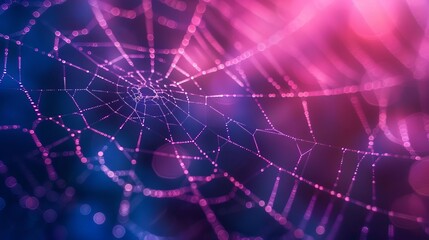 Close-up of a spider web illuminated by vibrant pink and purple light, creating a magical, ethereal atmosphere.