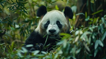 Obraz premium A cute panda munching on bamboo in a lush forest