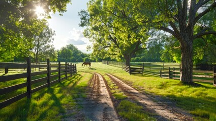 Fototapeta premium Sunny rural landscape with a dirt road, wooden fences, and lush green trees. Warm sunlight filters through the leaves creating serene and tranquil ambiance. 