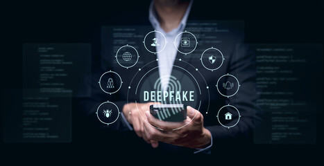 Deepfake  concept ,Facial tracking, detection and recognition technology, cyber security system...