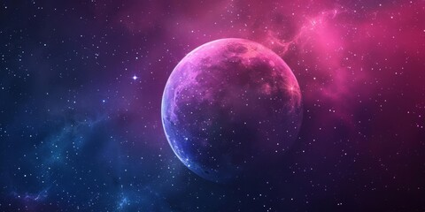 Colorful depiction of a vibrant, purple planet in outer space, surrounded by stars and cosmic dust, evoking a sense of mystery and wonder.
