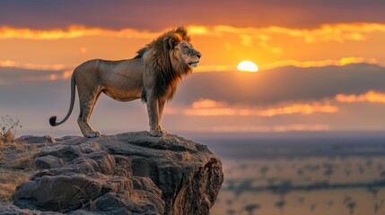 A majestic lion standing on a cliff at sunrise