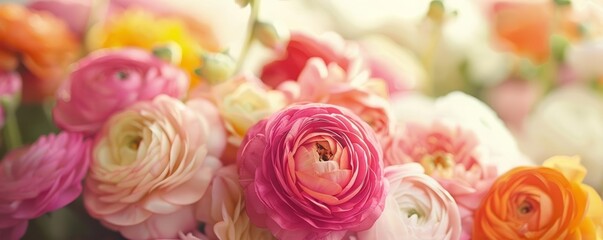 Fototapeta premium Close-up of delicate pink, white and orange ranunculus flowers.