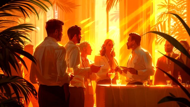 Business people networking at an evening event with golden lighting. Business concept