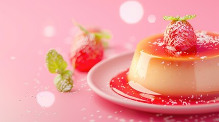 Caramel flan, a smooth and delicious dessert close up, pastel color background, realistic,...