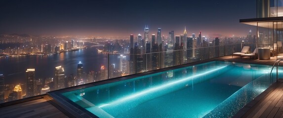Fototapeta premium A luxurious rooftop infinity pool offering a stunning night view of a brightly lit city skyline, perfect for relaxation and urban escape