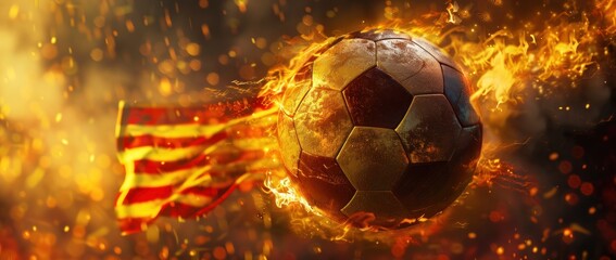 Soccer Ball with Spanish Flag Design Surrounded by Flames and Sparks in a Dynamic Sports Concept - Generative AI