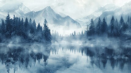Fototapeta premium Ethereal winter landscape with fog enveloping a dense forest and towering mountains, with a calm lake adding to the serene ambiance, painted in watercolor and captured with a split-shot camera angle,