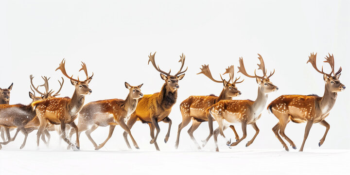 Fallow deer herd running in the snow on a white background.