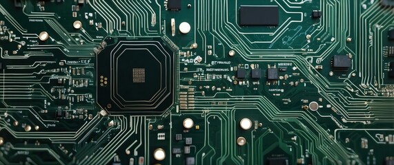 Fototapeta premium Close up of a green circuit board highlighting the complexity and interconnection of electronic components, symbolizing technology and innovation