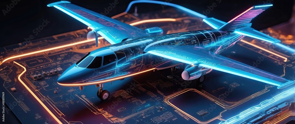 Wall mural futuristic airplane displayed over a glowing circuit board, blending aviation and technology, perfec