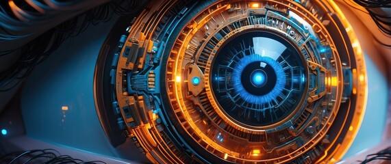 Obraz premium A highly detailed, glowing cybernetic eye in a futuristic style, symbolizing AI, technology, and digital innovation, perfect for tech and sci fi concepts