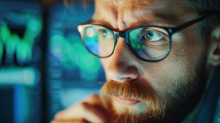 Focused Man with Glasses Analyzing Data on Computer Screens in Modern Office Setting