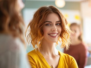 Smiling Young Woman with Wavy Hair in Casual Yellow Shirt in Bright Modern Room