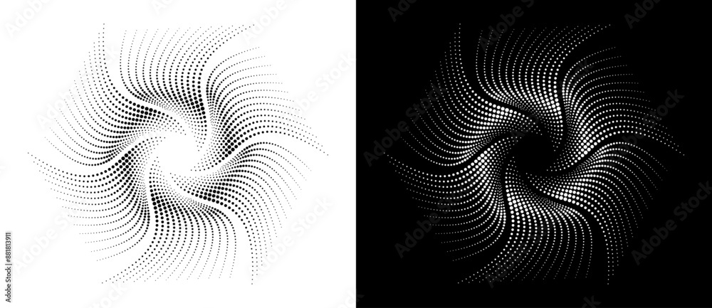 Poster Abstract background with halftone dots spiral. Modern circle dotted pattern. Futuristic hexagon concept. Black shape on a white background and the same white shape on the black side.