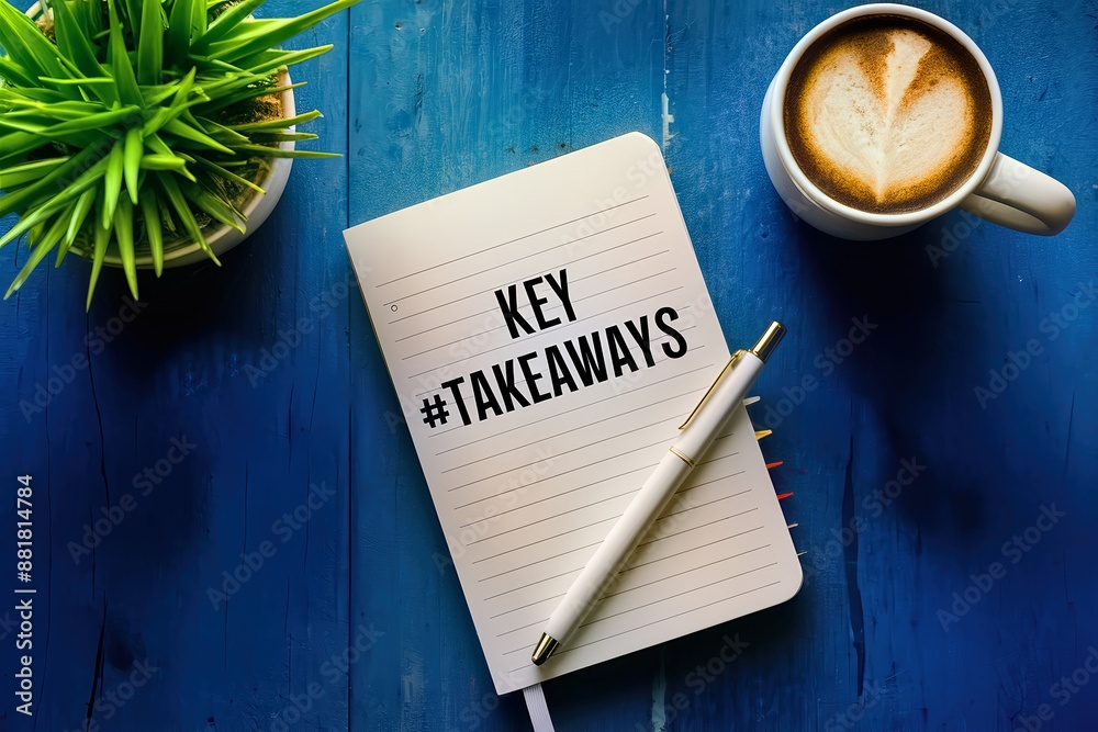 Wall mural notebook with key takeaways text, coffee, and plant on blue table