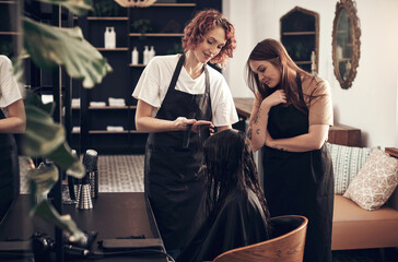 Salon, haircut and teamwork with girl, customer and hair for grooming or wellness. Beauty, client...