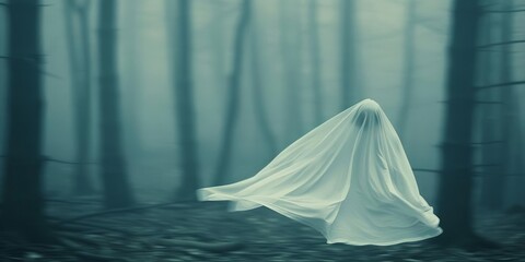 Ghostly figure shrouded in white cloth floating in a misty, eerie forest. Paranormal scene evokes a haunting and mysterious atmosphere.