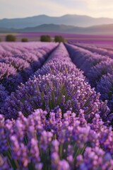 Obraz premium A panoramic view of a captivating lavender field in full bloom, highlighted by a soft purple hue and sunlight