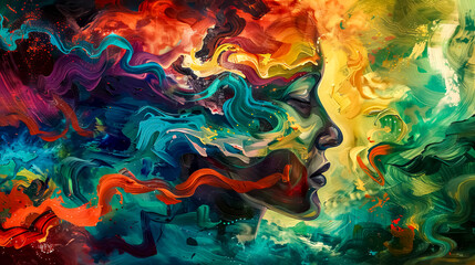 Woman face emerging from colorful abstract painting background