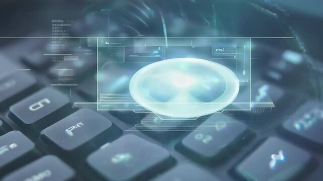  close up of men hand typing on key bord laptop with digital interface