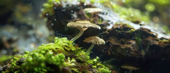 Obraz premium Small Mushrooms Growing on a Moss Covered Log in a Damp Forest