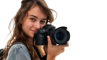 A happy female photographer portrait isolated white background