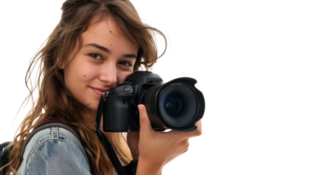 A happy female photographer portrait isolated white background
