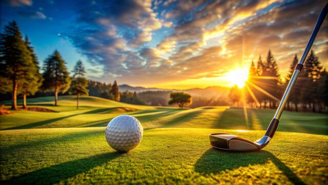 Serene and tranquil scene featuring a solitary golf ball on lush green course surrounded by golf clubs under warm golden sunlight.