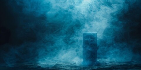 Naklejka premium Mysterious scene with a standing monolith enveloped in fog under ethereal blue light, creating an eerie atmosphere.