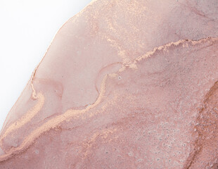 Fototapeta premium Close-up detail of a pink and gold abstract ink swirl background. The texture features delicate swirls and a gradient from white to light pink