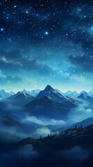 digital cyan blue night mountains and stars design graphics poster mobile phone background