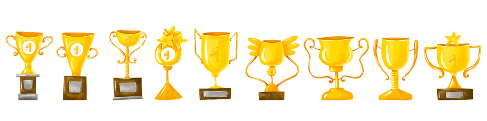 Gold trophy. Winners golden cups, awards ceremony. Hand drawn cartoon trophies for sport competitions, championships. Collection of award pithy. Childish cartoon set