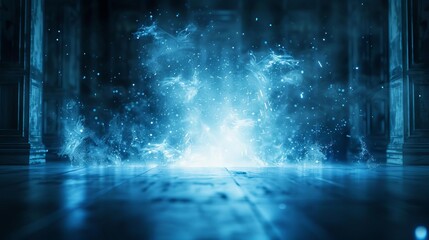 Mystical blue energy burst in a dark, ancient room, creating an ethereal and enchanting atmosphere with sparkling particles.