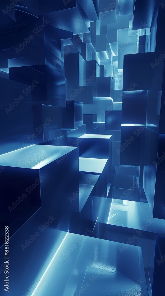 Wall mural abstract blue glowing cubes forming a complex and futuristic geometric structure, creating a sense o