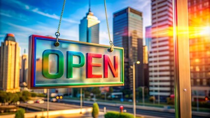 Brightly lit storefront window display featuring colorful open sign with bold font on a clear morning landscape background.