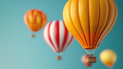 Obraz premium A group of yellow and red hot air balloons flying high in a clear blue sky, capturing a moment of celebration, adventure, and simple beauty in a serene environment.