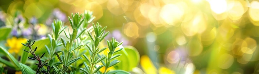 Obraz premium Herbs and shrubs in a garden bed, detailed macro shot, vibrant and serene, natures intricacy